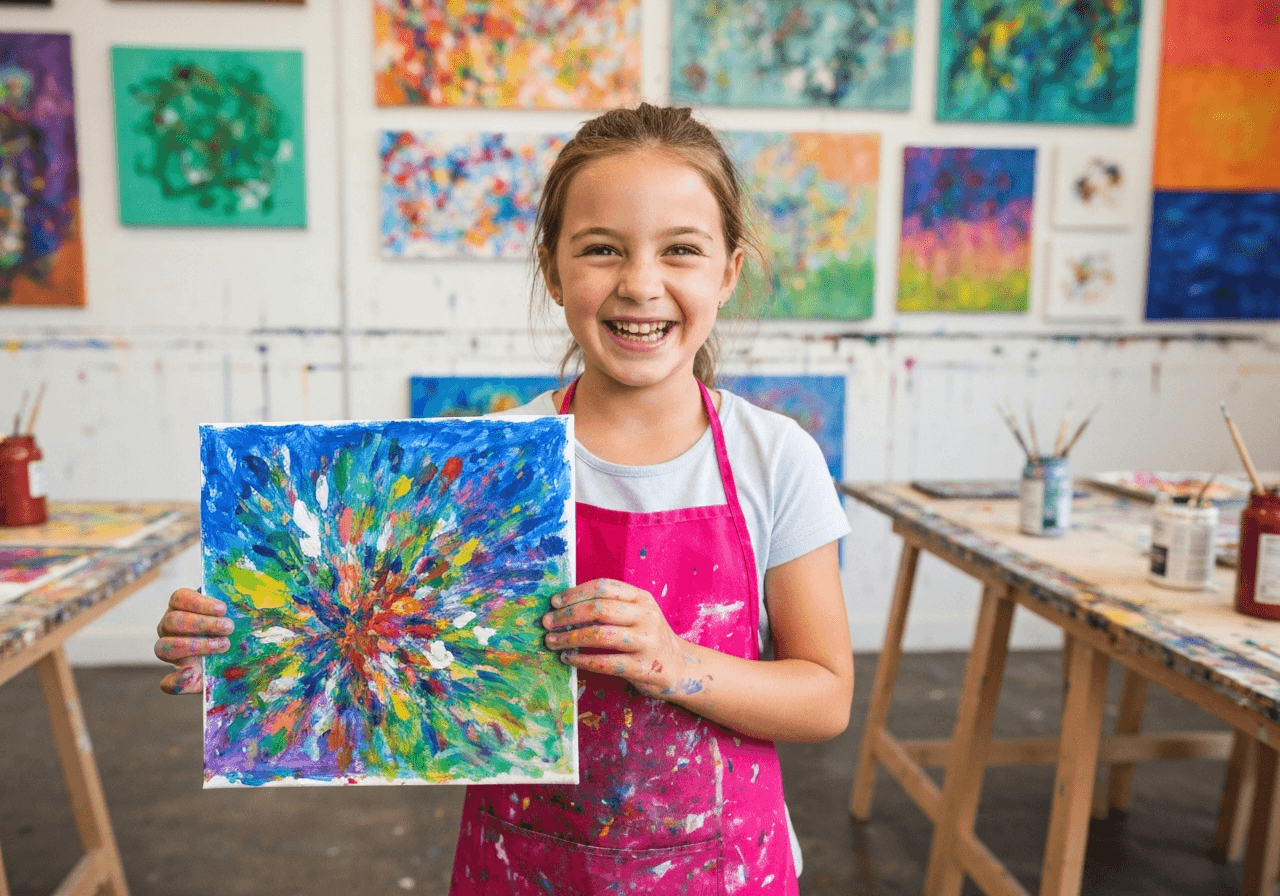 Child proudly showing finished artwork