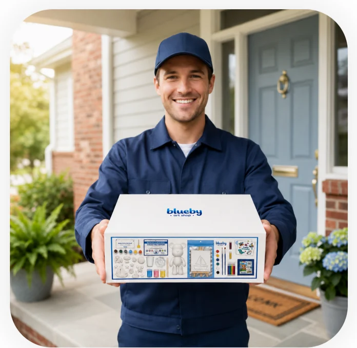 A courier at a front door holding an open Blueby art kit box