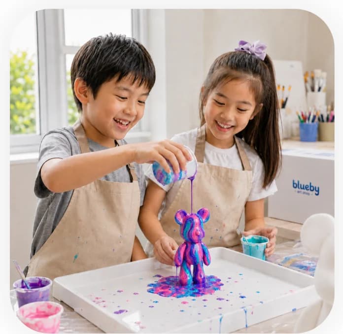Two children in aprons painting a plaster bear figurine together