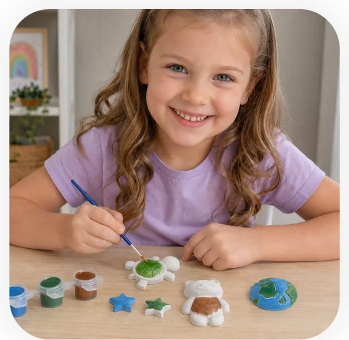 A girl painting a plaster star at a table, paint pots and finished figurines in front of her
