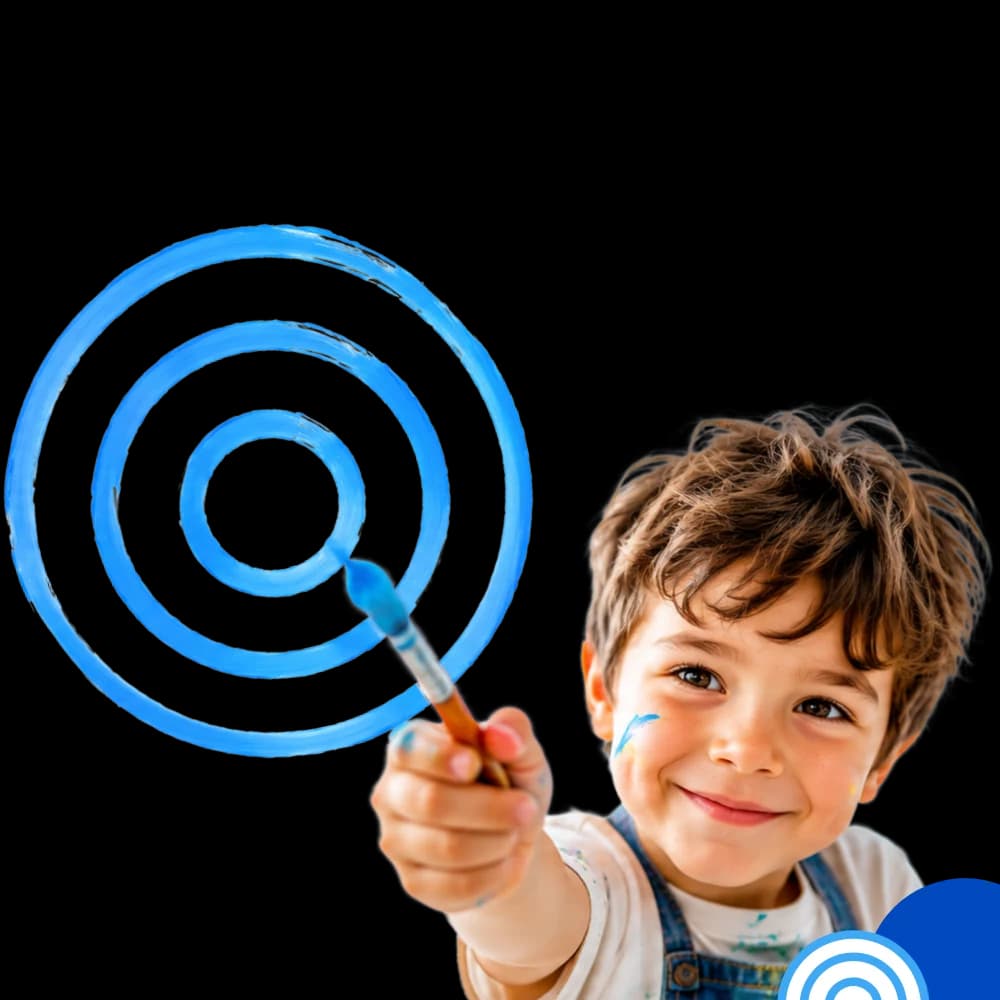 A boy painting a blue spiral in the air with a brush, blue paint on his cheek