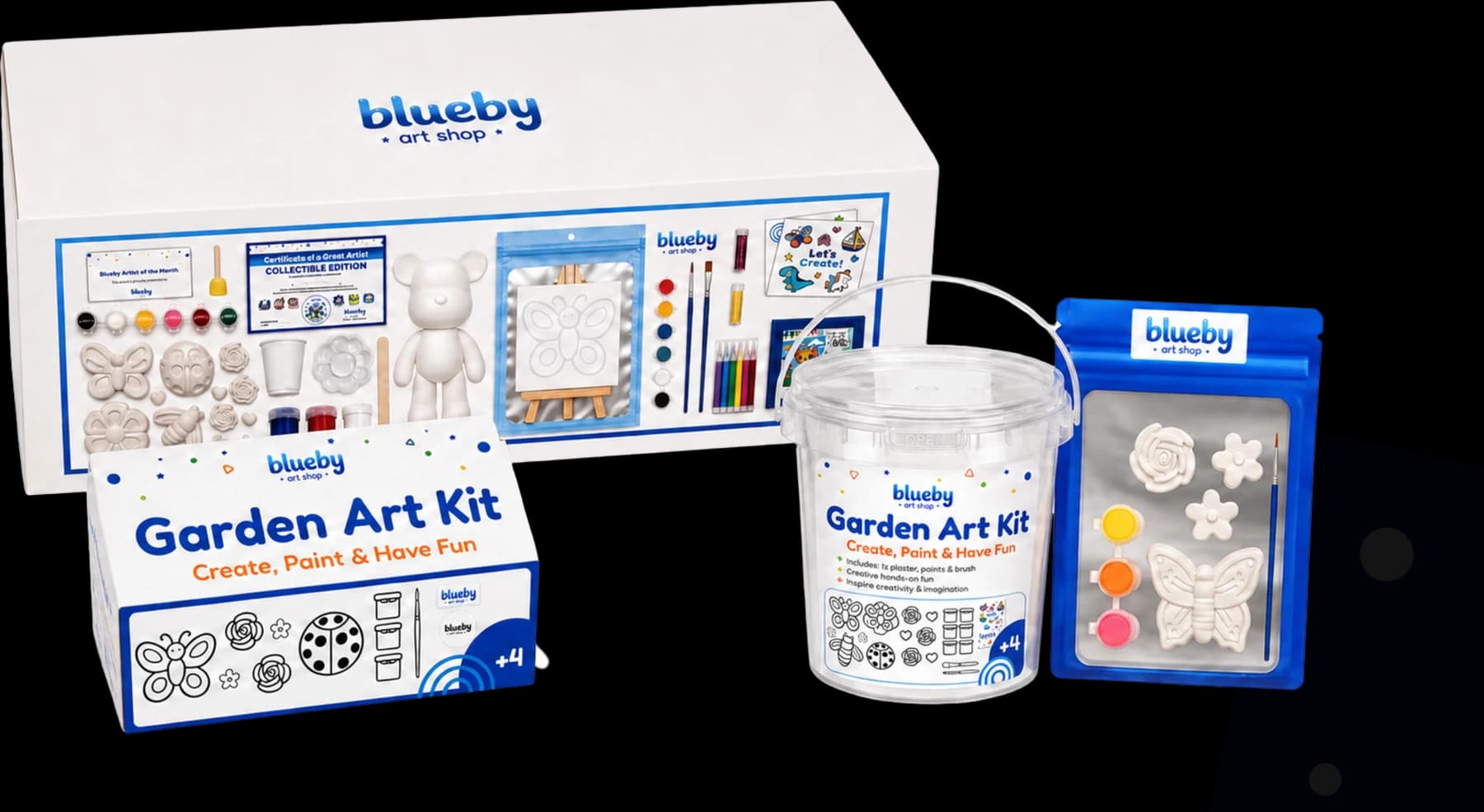 A Blueby Garden Art Kit collection: the collectible box, the bucket kit and a party favour bag