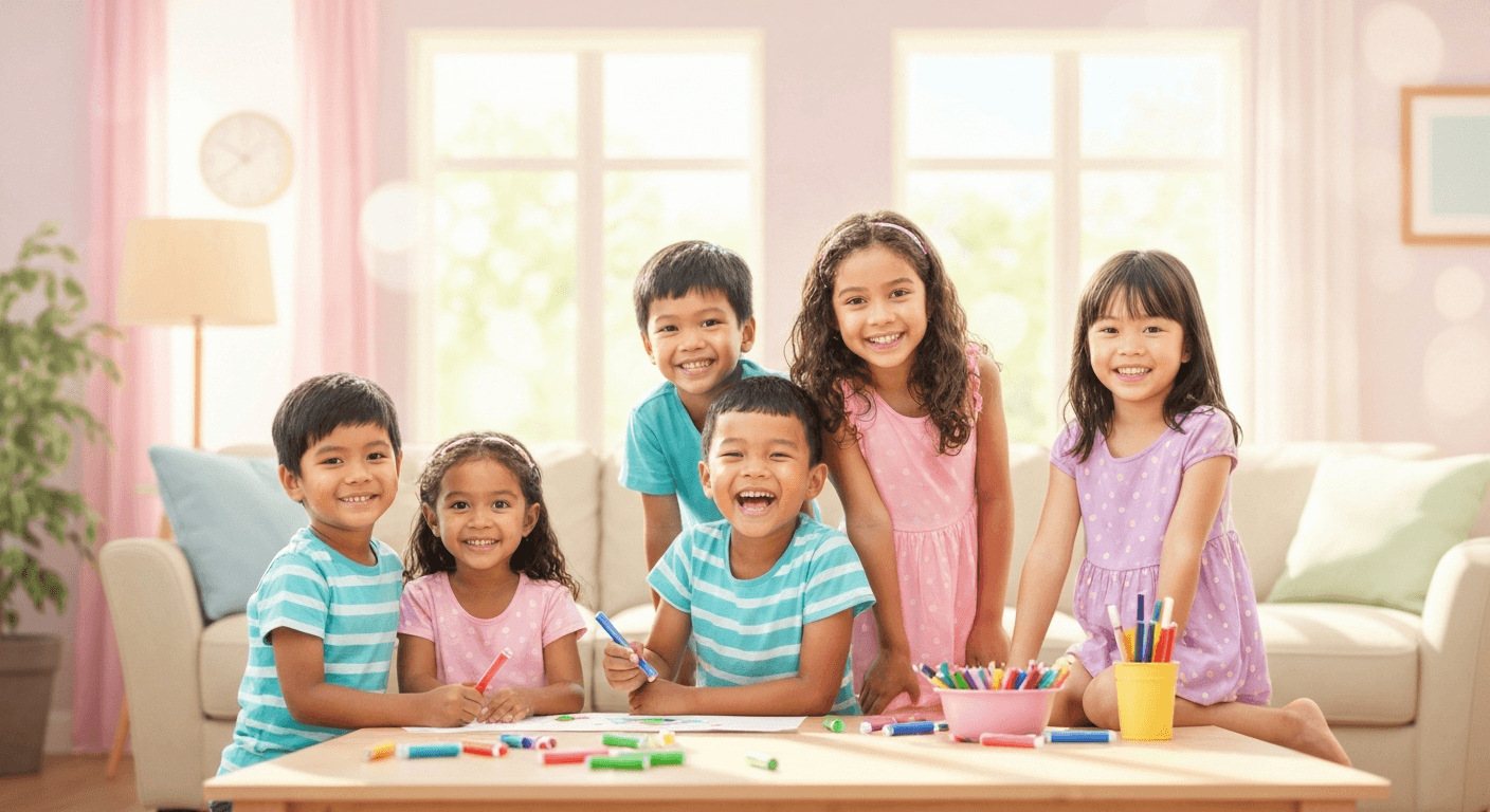 Happy children painting art kits
