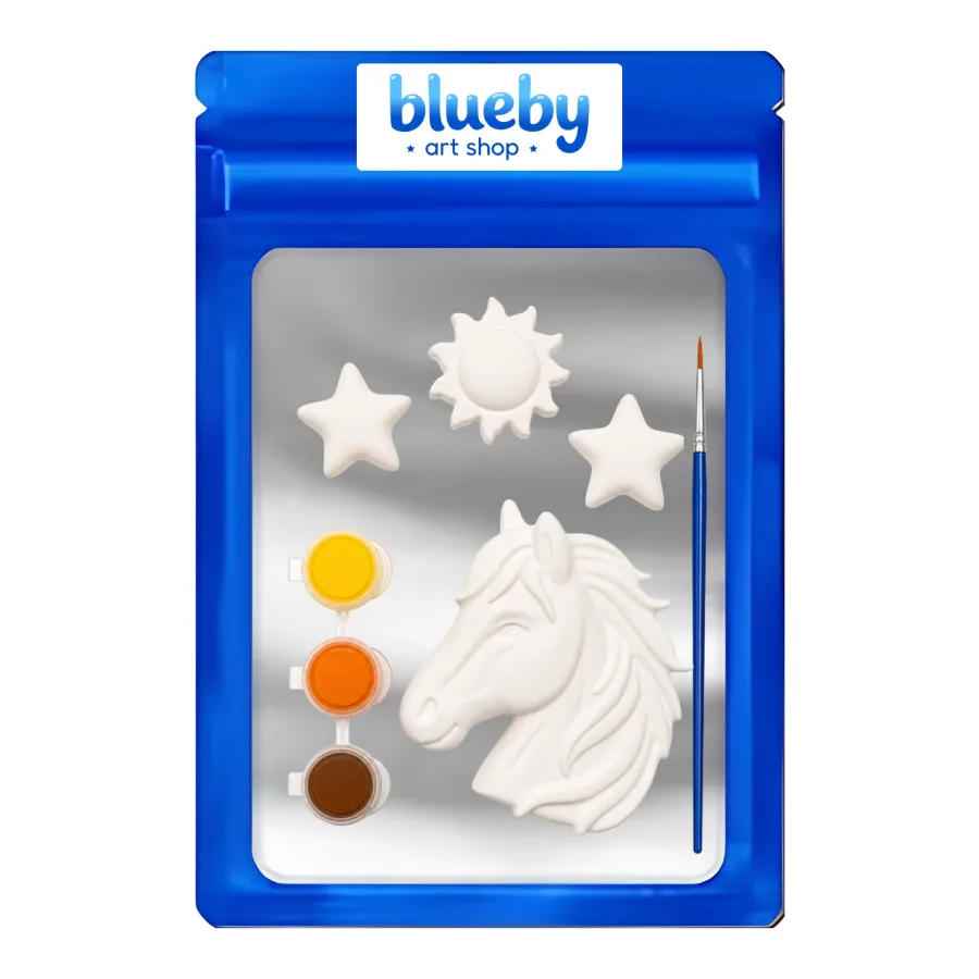 A Blueby horse party kit in a blue cellophane bag