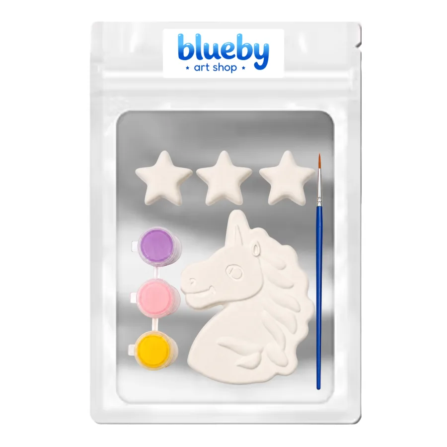 Unicorn Party kit in a cellophane bag: Unicorn head, three stars & three paints