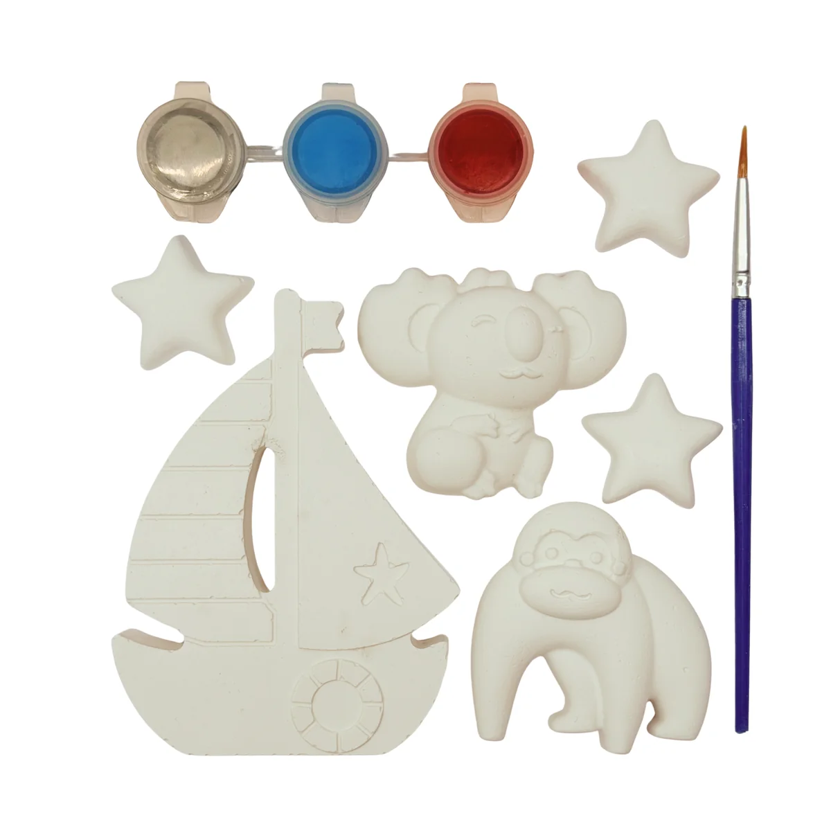 Boat Party plaster pieces with paints and brush