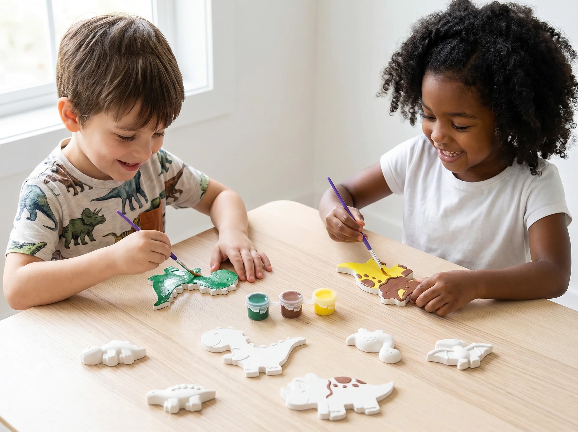 Kids painting Blueby plaster dinosaur figures at a party table