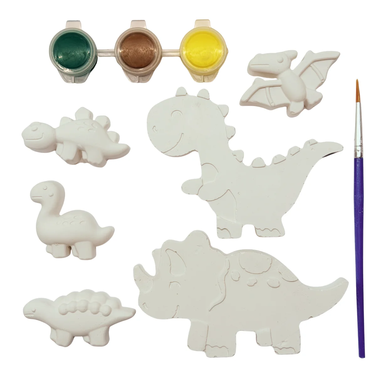Dino Party plaster pieces with paints and brush