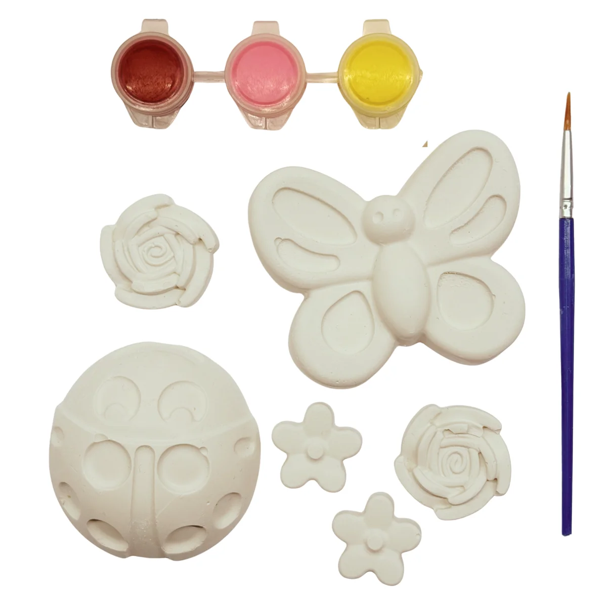 Garden Party plaster pieces with paints and brush