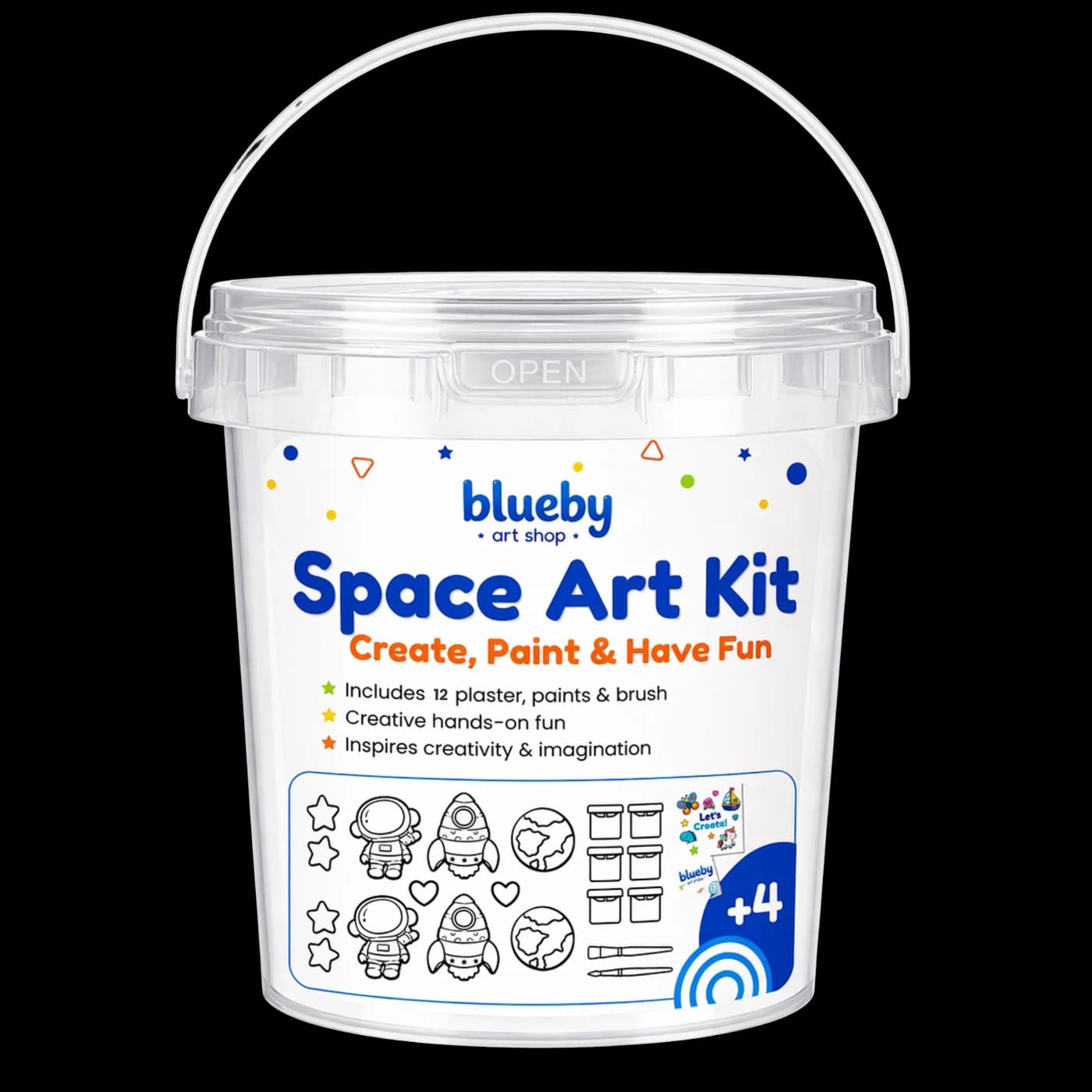 The Creative Explorer Space Art Kit bucket, holding 12 plaster figurines, paints and brushes