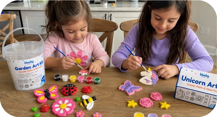 Two girls painting plaster flowers and a unicorn beside a Garden Art Kit bucket