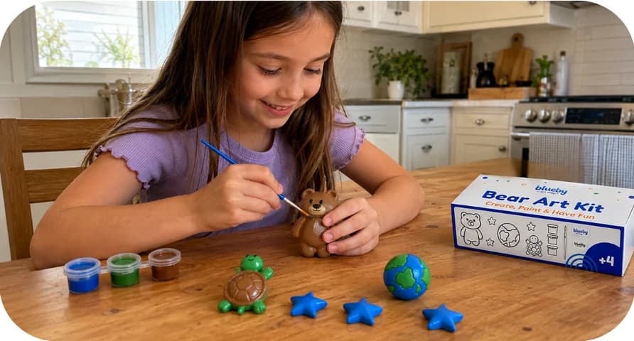 A girl painting a plaster bear next to an open Bear Art Kit box