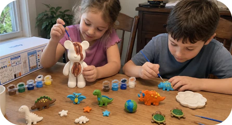 Two children at a table painting a plaster bear and dinosaurs from a Blueby kit