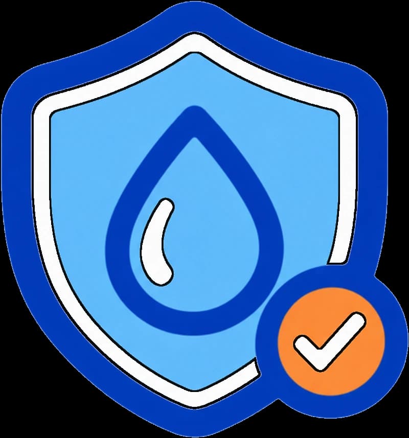 A shield holding a paint droplet, stamped with an orange check mark