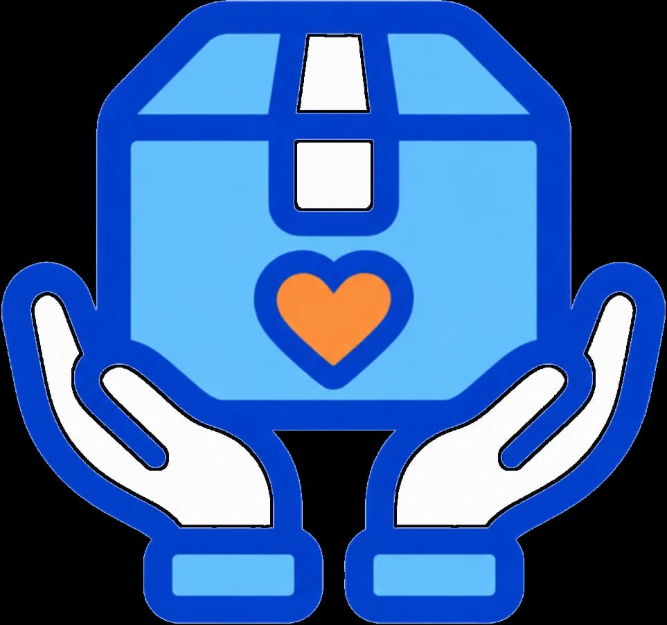 Two open hands holding a sealed box with a heart on the front
