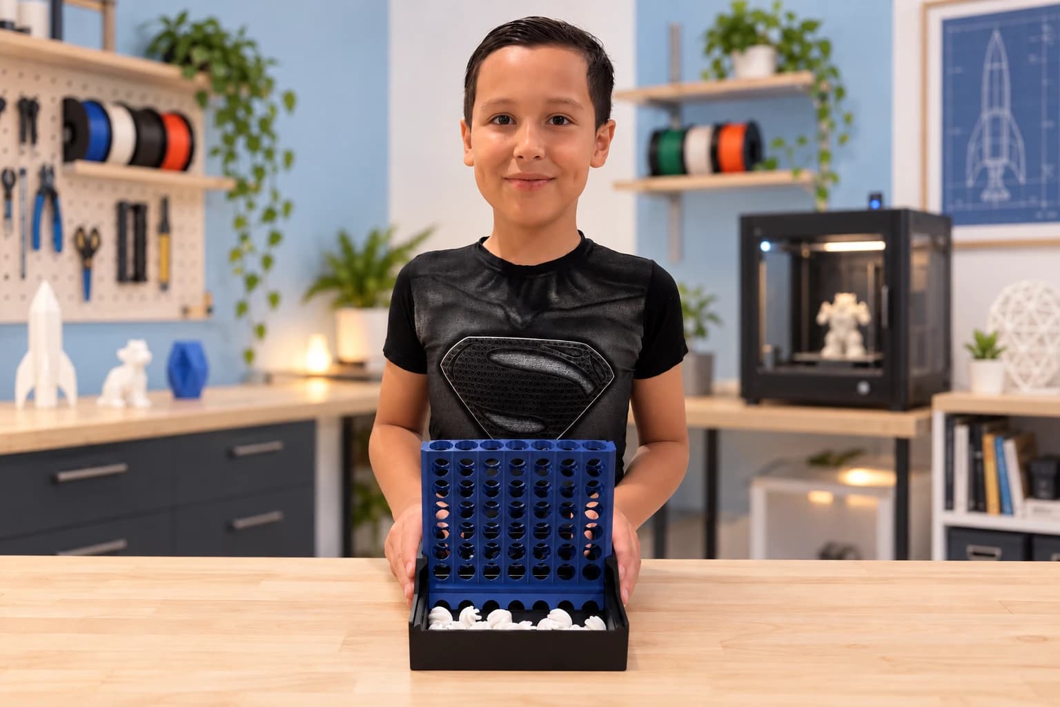 Fernando with his blue Cascade Connect game in the maker workshop