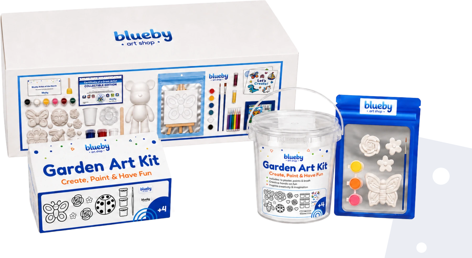 A Blueby Garden Art Kit collection: the collectible box, the bucket kit and a party favour bag